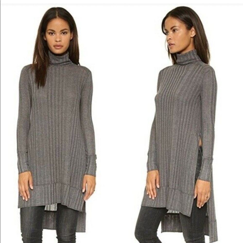 Free People Gray Espresso Ribbed Turtleneck Hi-Low‎ Sweater Tunic Top